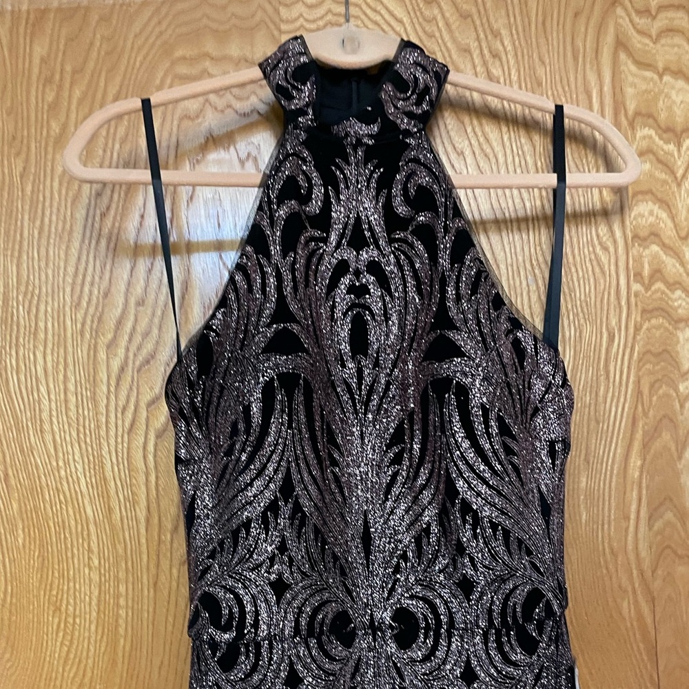 Sleeveless Black and Silver Halter Evening Dress